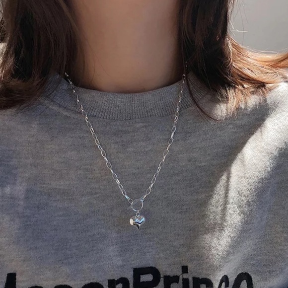 **925 Sterling Sliver Chunky Toggle Heart Necklace - Picture 4 of 7